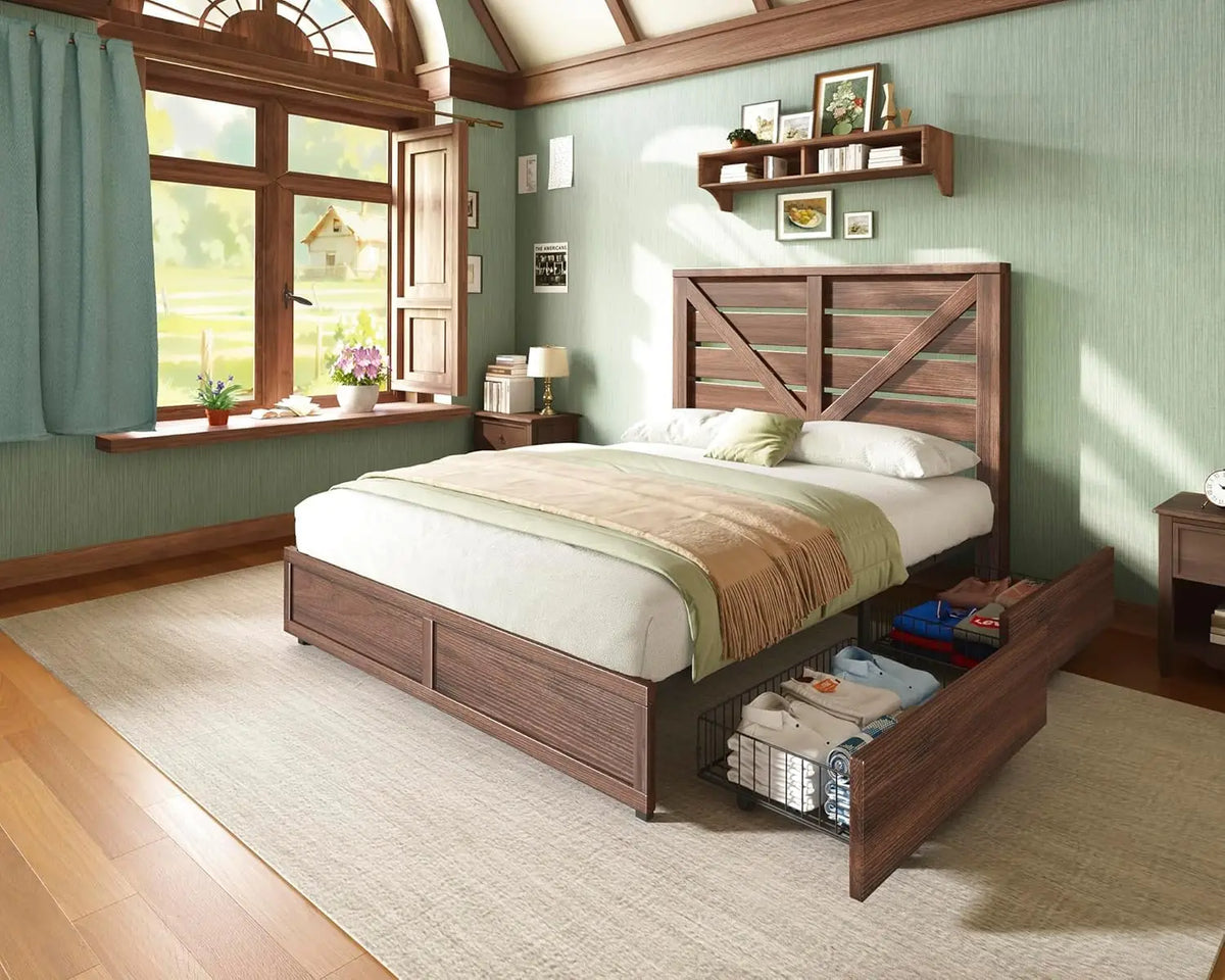 Farmhouse Queen Bed Frame with 4 Drawers, Wooden Platform Barn Door Headboard, Metal Slats, No Box Spring, White & Barnwood, Cus