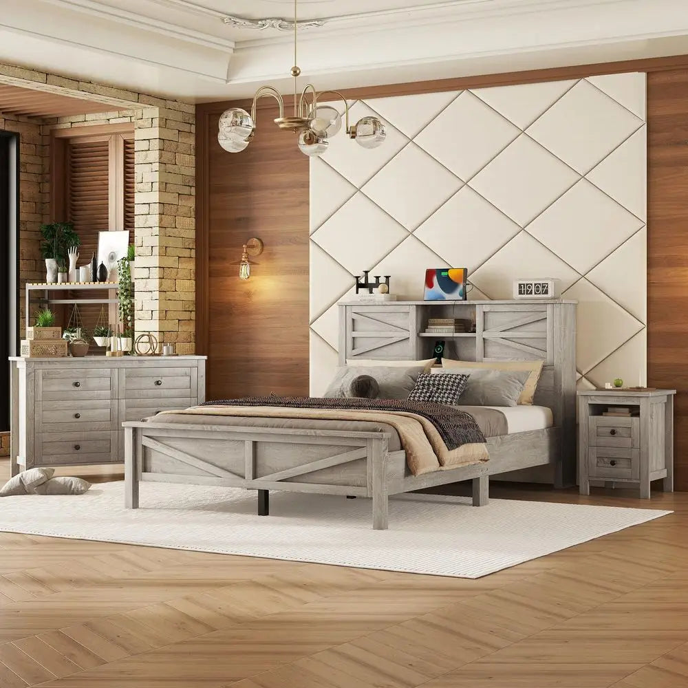 3-Piece Platform Bed Set With Nightstand And Six-Drawer Storage