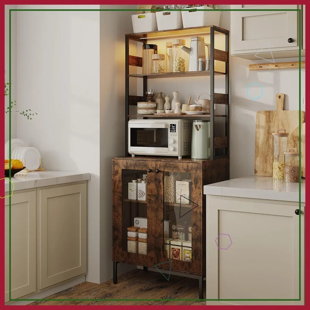 LED Kitchen Pantry Cabinet With Power Outlet And Glass Doors
