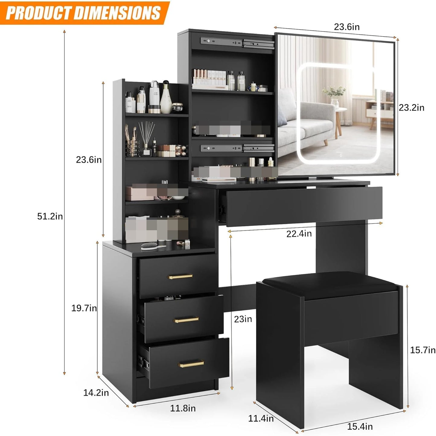 HiMISS Vanity Desk With Led Lights And Lighted Mirror