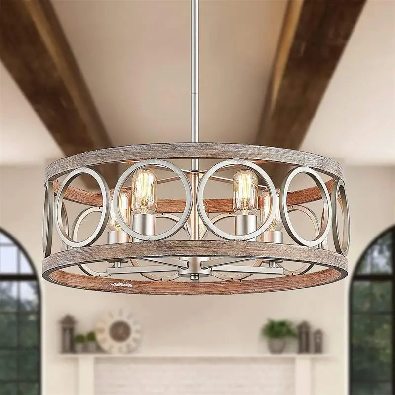 NORMICHY Industrial Circular Chandelier Farmhouse Wood Grain Ceiling Light