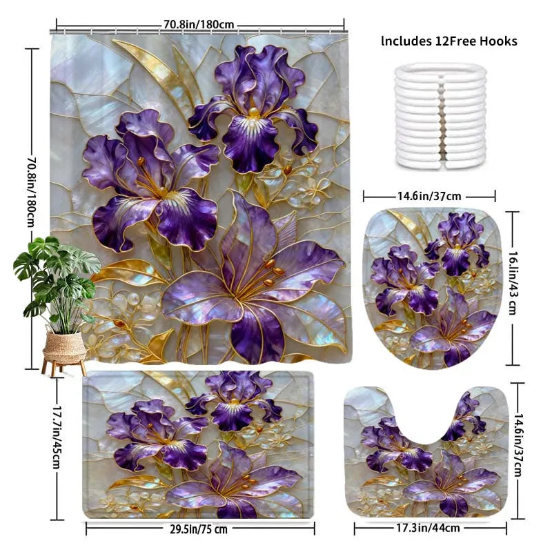 2D Flat, 4pcs Artistic 2D Bathroom Set, Featuring High-Quality Bathroom Decorations And Additions, Including a Non-Slip, a U-Shaped, a Toilet Seat, And a Shower Curtain with 12 Hooks