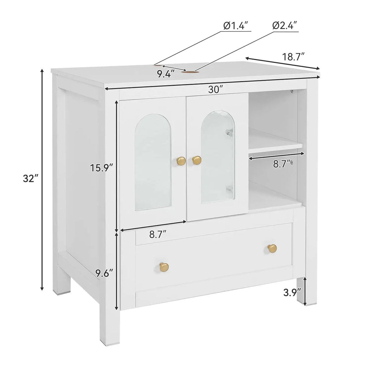 30" Bathroom Vanity with Sink, Freestanding Cabinet, 2 Water Ripple Doors & 1 Drawer, Soft-Close, Silver Glass Boat Sink, White,