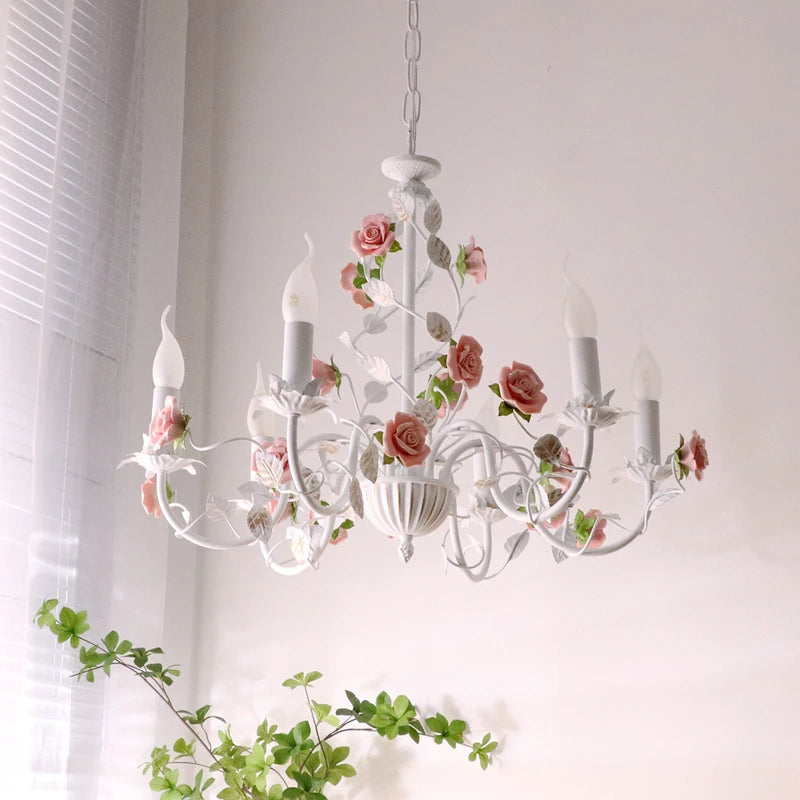 Ceramic Pendant Lamp Chandelier With Iron Flower Design