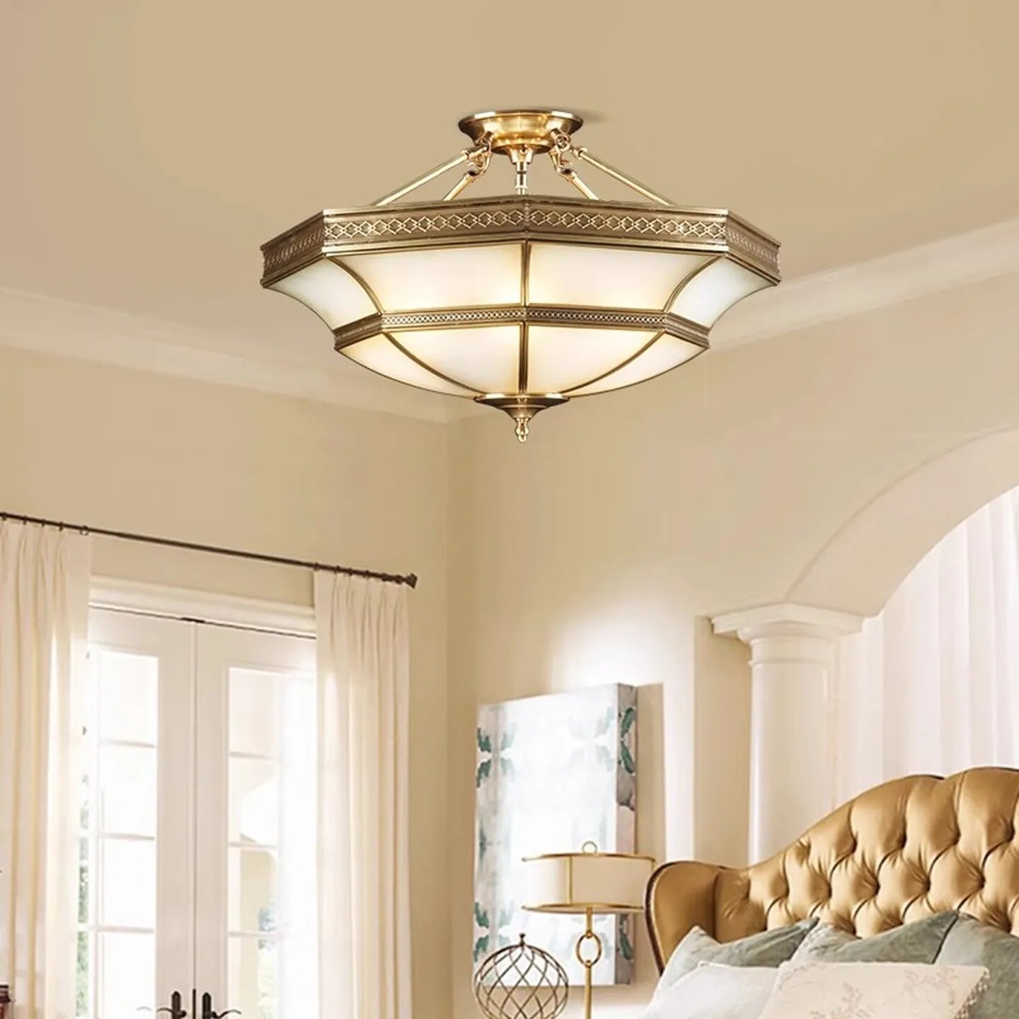 Octagona Copper Bedroom Ceiling Light Europe Glass Lampshade Living Room Ceiling Light Dining Room Ceiling Lamp
