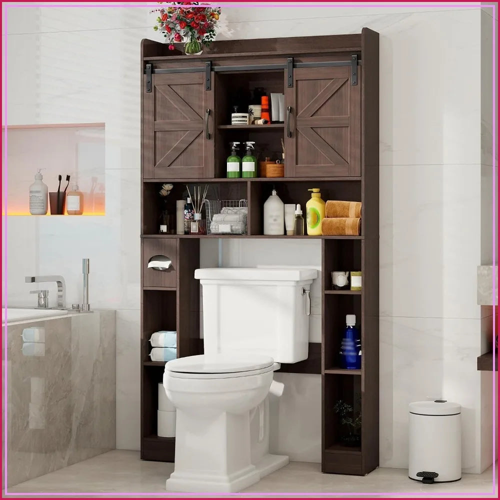 Farmhouse Over Toilet Storage Cabinet with Sliding Doors, Space-Saving Bathroom Shelf, Espresso