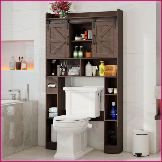 Farmhouse Over Toilet Storage Cabinet with Sliding Doors, Space-Saving Bathroom Shelf, Espresso