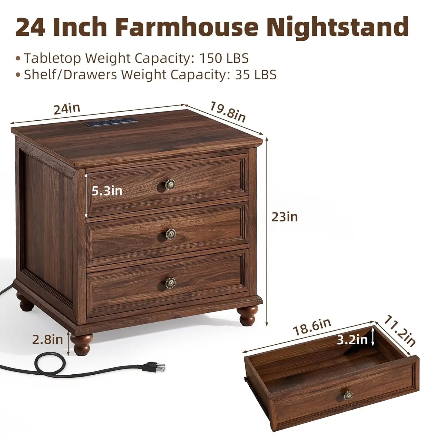 Farmhouse Nightstand With Charging Station Three Drawers Bedside Wood