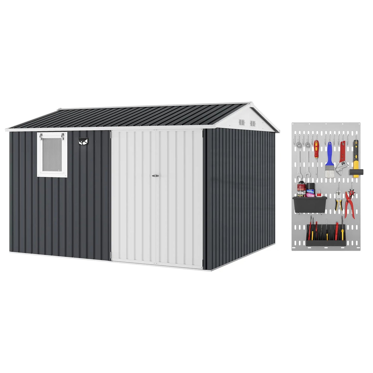 10x8FT Steel Garden Storage Shed With Sloped Roof, Vents & Window, Lockable Doors, Outdoor Tool Shed For Backyard Patio Poolside