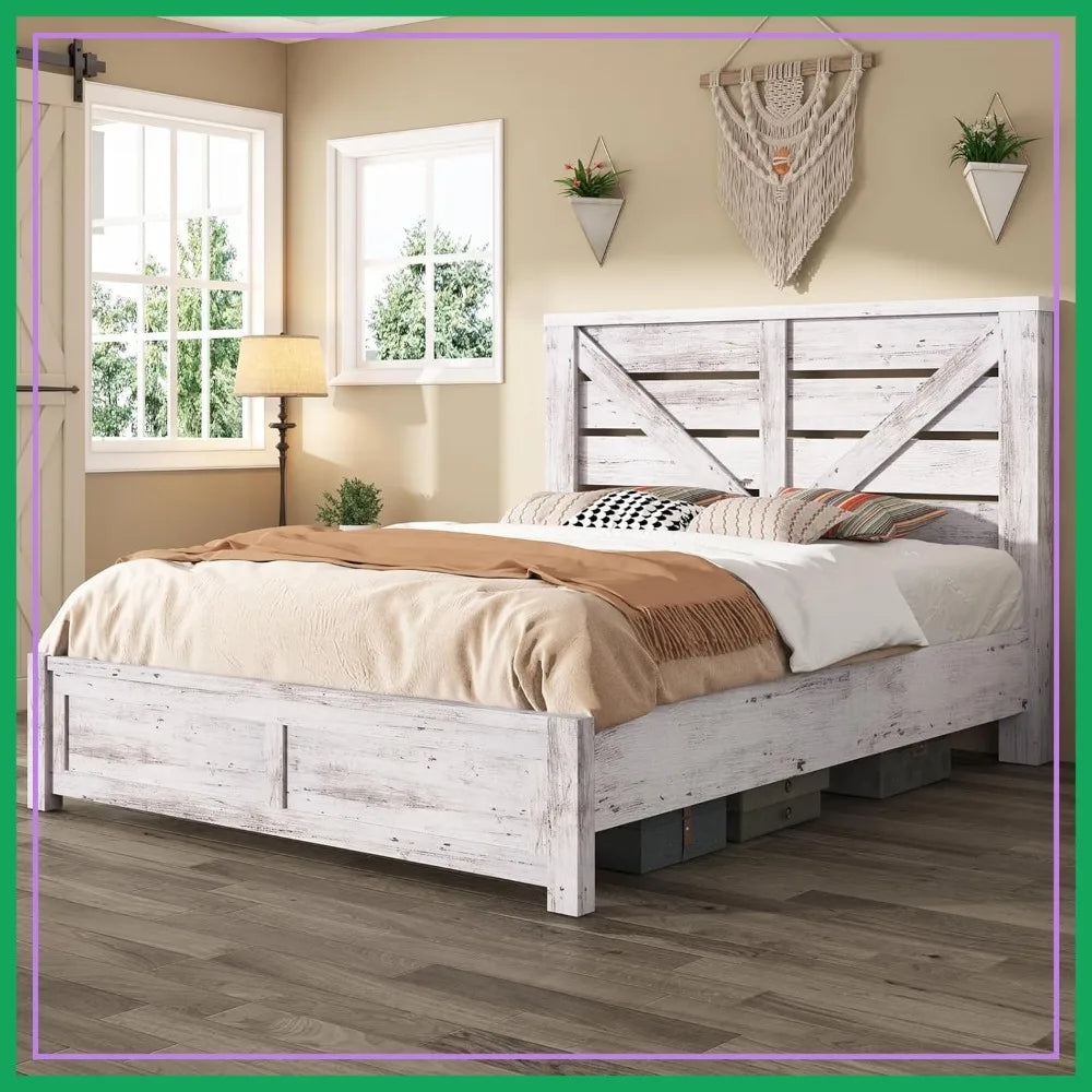 Full Size Bed Frame with Barn Door Headboard, Farmhouse Platform, Wood Slats, No Box Spring, Under Bed Storage, White