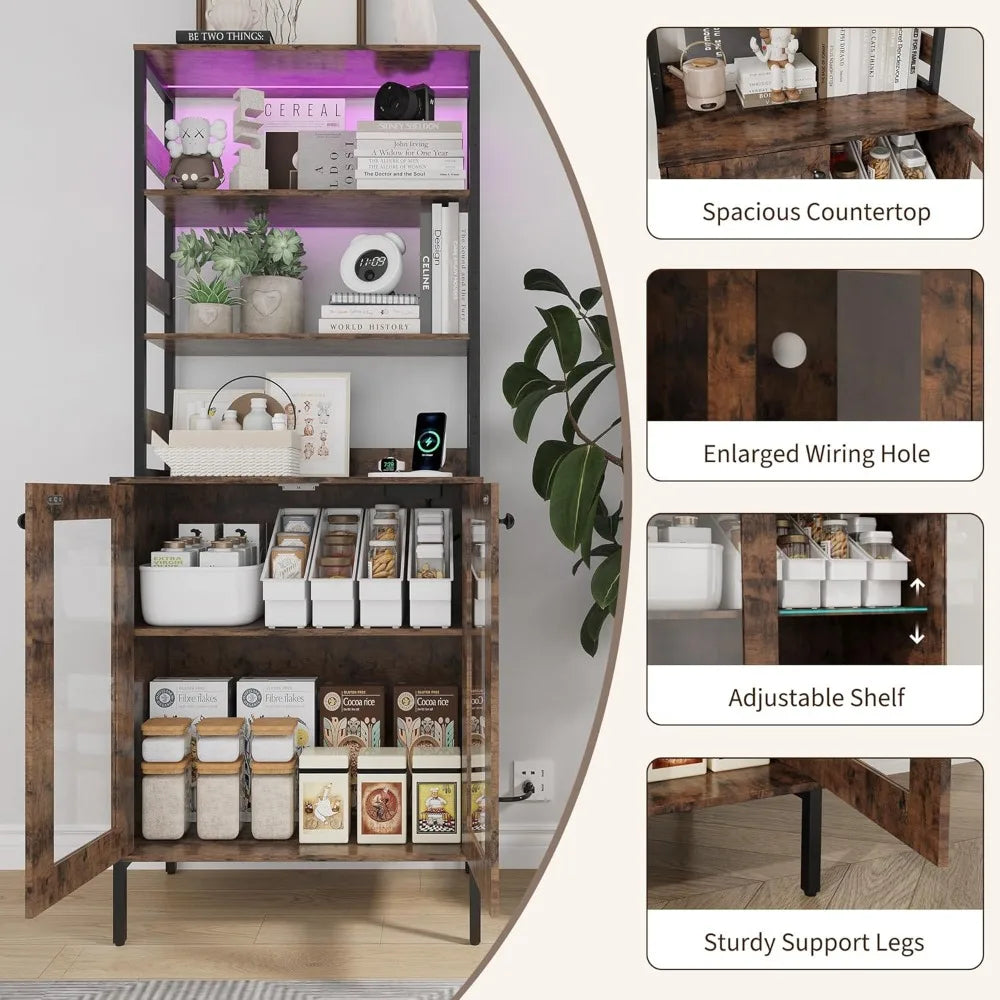 LED Kitchen Pantry Cabinet With Power Outlet And Glass Doors