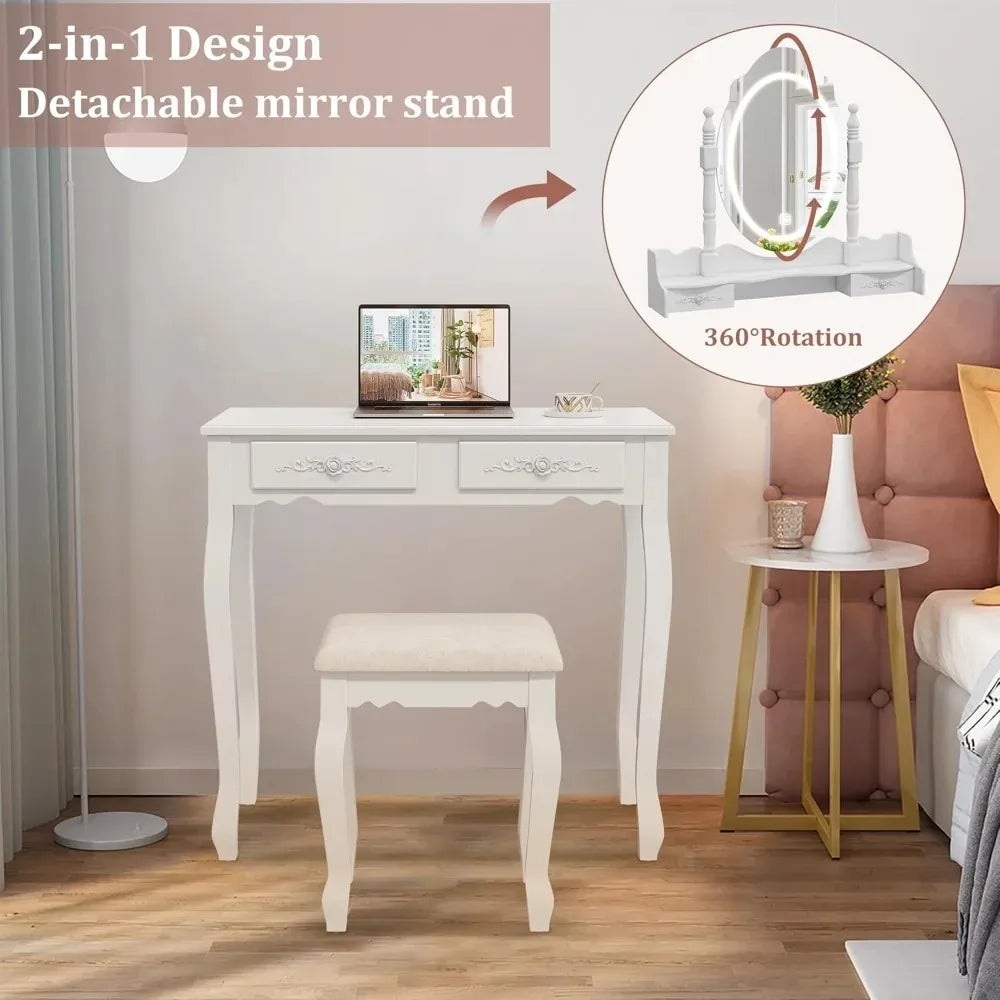 LED Mirror Vanity Desk with 4 Drawers & Stool, Adjustable Lighting Makeup Table for Bedroom, White