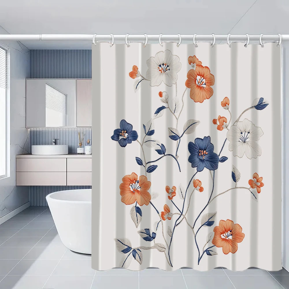 Flower Bird Shower Curtain Set With Carpet And Toilet Seat
