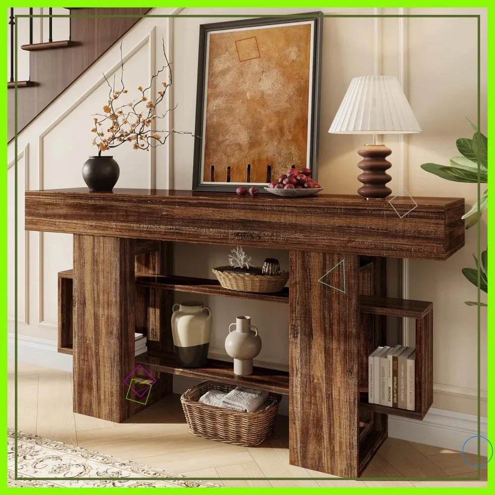 63 Inch Console Table with Storage, Narrow Sofa Table Behind Couch, Farmhouse Entryway Table for Living Room, Rustic Brown