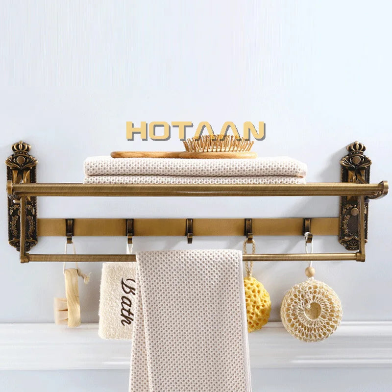 HOTAAN Aluminum Foldable Bath Towel Rack With Hooks and Shelf