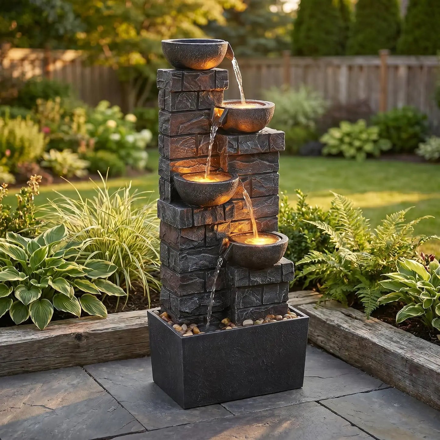 33.5 Inch Water Fountain 4-Tier Cascading Bowls with LED Lights, Indoor Outdoor Decorative Floor Standing Resin Waterfall