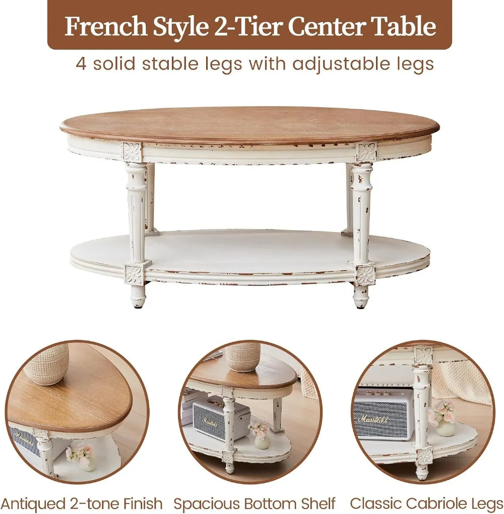 Vintage Oval Coffee Table, 39" Two-Tone White, 2 Tier Storage, Living Room Office, Easy Assembly