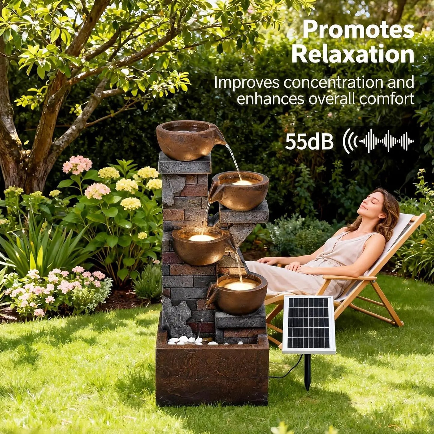 Five Tier Solar Outdoor Water Fountain With Led Lights