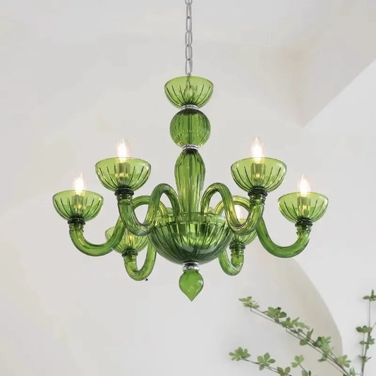 French Retro Glass Chandelier, Dining Room, Bedroom, Colored Glass Lighting Fixtures