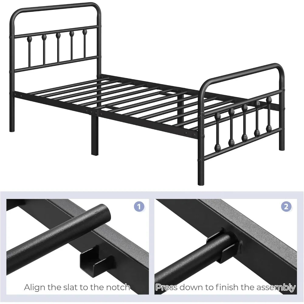 Twin Metal Bed Frame with Iron-Art Headboard, 450 lb Capacity, Storage Space, No Box Spring Needed