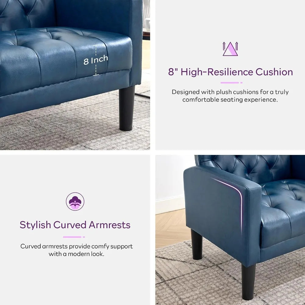 Accent Chairs Set of 2, Comfy Living Room Chair Leather Tufted Mid Century Modern Armchair for Office Bedroom, Blue