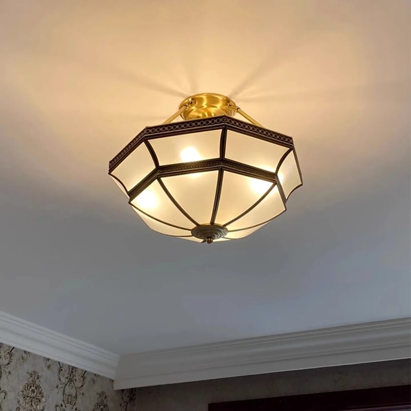 Octagona Copper Bedroom Ceiling Light Europe Glass Lampshade Living Room Ceiling Light Dining Room Ceiling Lamp