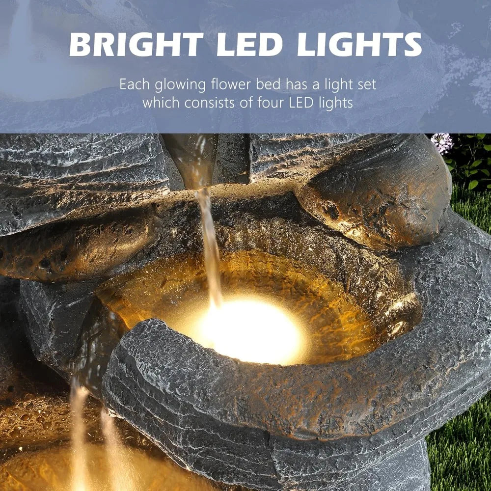 Outdoor 5-Tier Cascading Rock Water Fountain With LED Lights