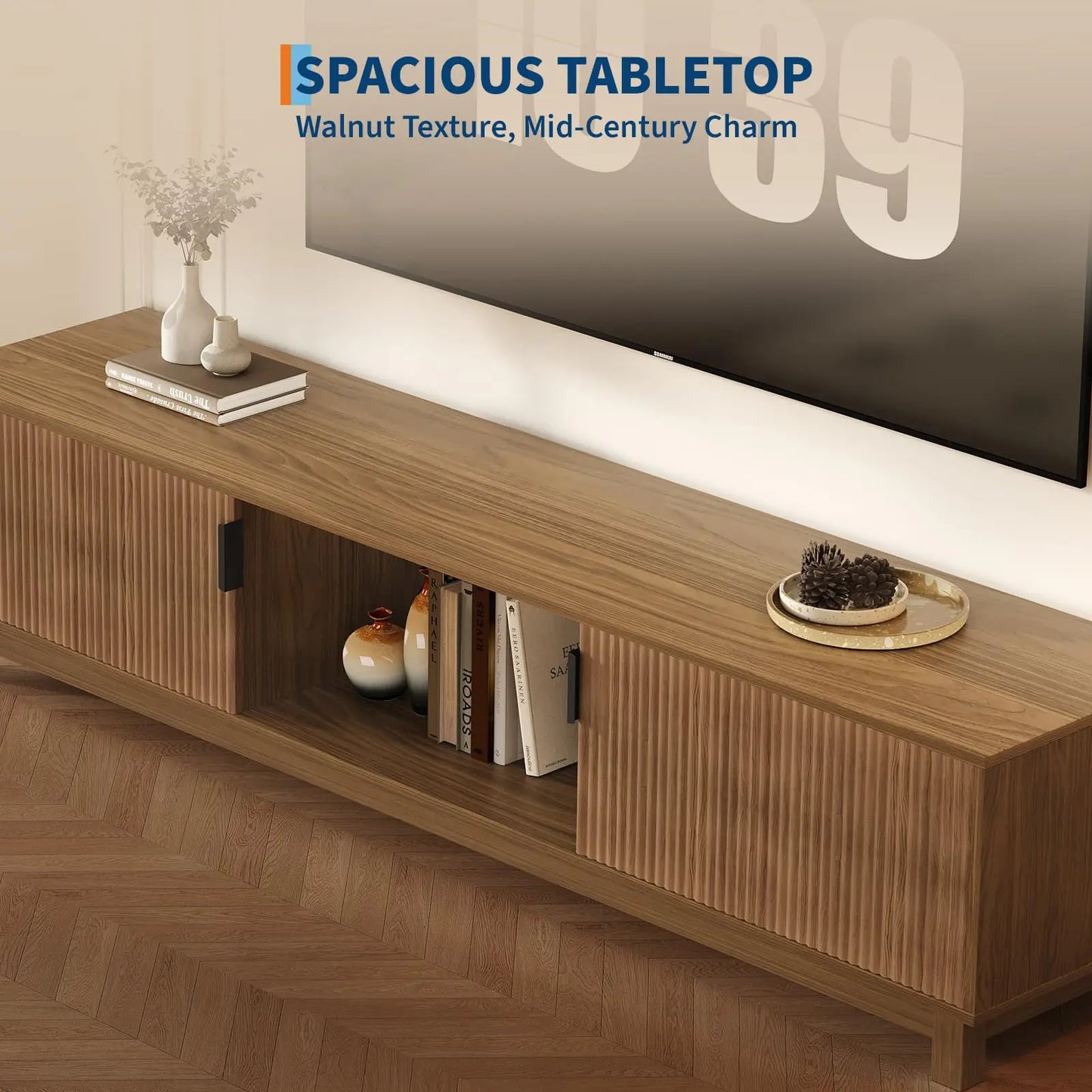 HiMISS Mid Century Fluted TV Stand With Adjustable Shelves
