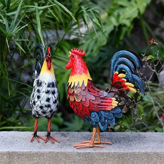 Metal Rooster Garden Decor, Hand-Painted Colorful Chicken Sculpture, Outdoor Yard Lawn Patio Ornament, Multiple Colors Available