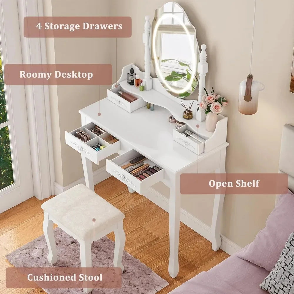 LED Mirror Vanity Desk with 4 Drawers & Stool, Adjustable Lighting Makeup Table for Bedroom, White