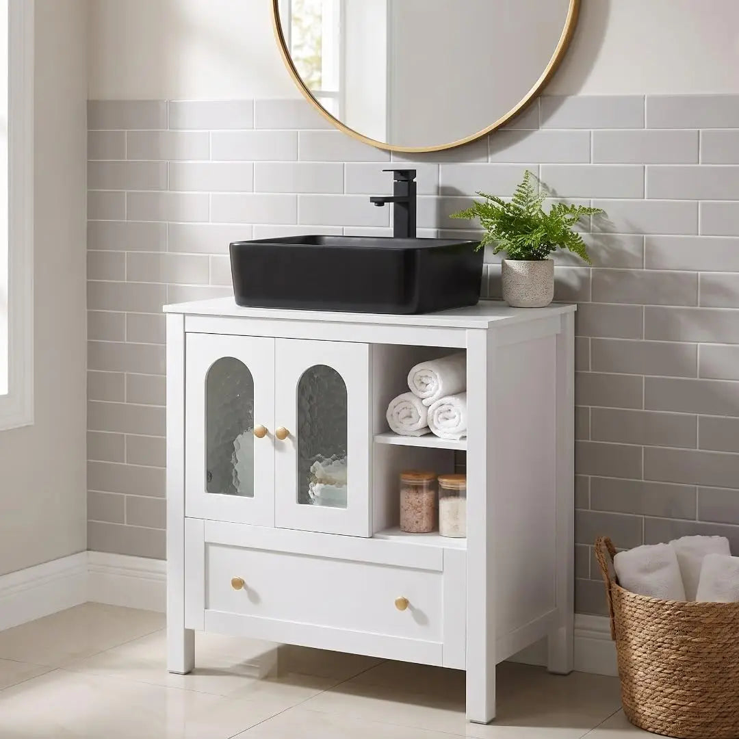 30" Bathroom Vanity with Sink, Freestanding Cabinet, 2 Water Ripple Doors & 1 Drawer, Soft-Close, Silver Glass Boat Sink, White,