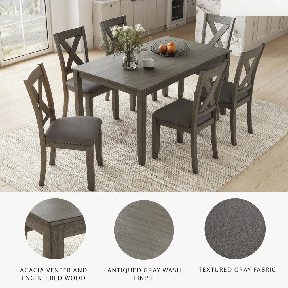 Gray 7-Piece Dining Set with Rectangular Table and 6 Upholstered X-Back Chairs 36"W x 60"D x 30"H