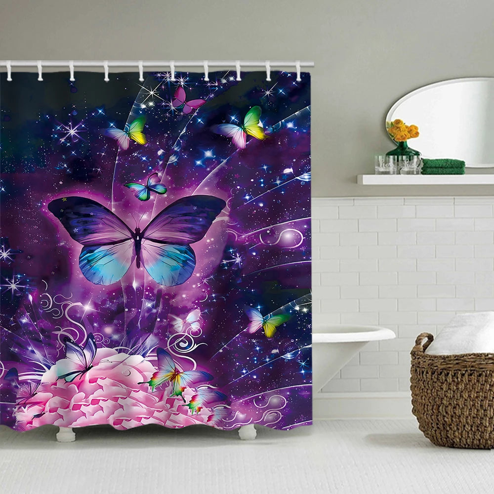 Colorful Butterfly Shower Curtain With Carpet And Toilet Lid