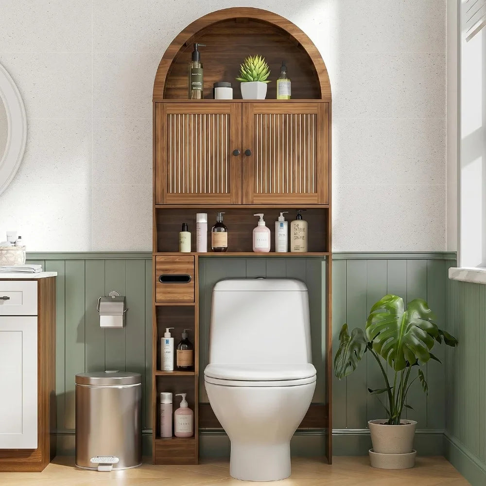 4-Tier Over Toilet Storage Cabinet, Fluted Doors, Walnut, Bathroom Organizer with TP Holder