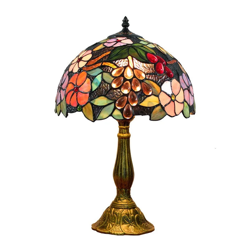 European Tiffany Style Stained Glass Table Lamp Grape Motif