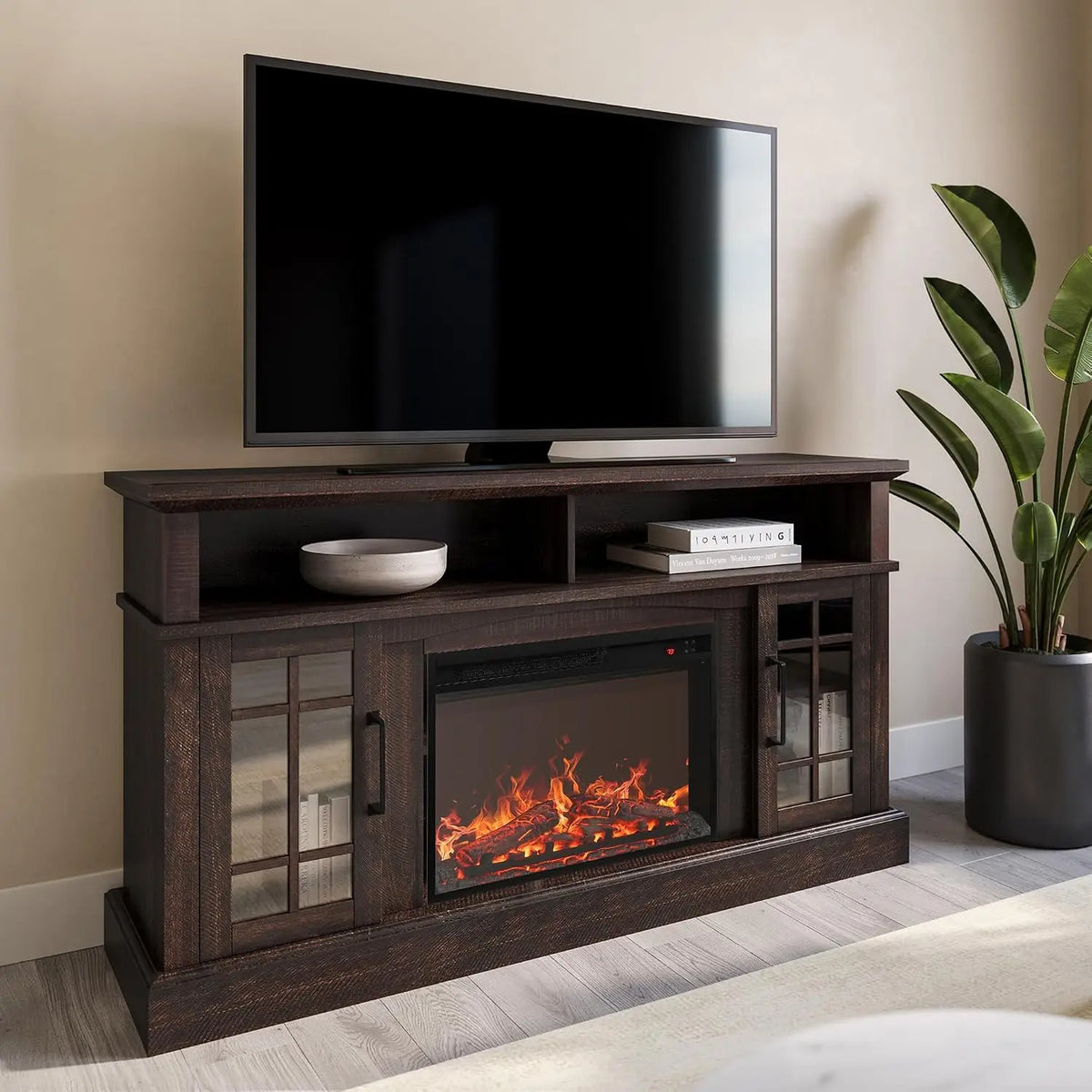 Rustic Entertainment Console With Electric Fireplace Sound And Storage