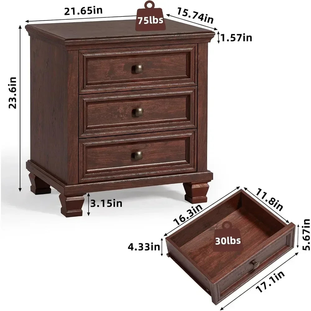 Best-Farmhouse Nightstand Set Of 2, Rustic Couch End Table With 3 Drawers & 4 Square Solid Wood Legs