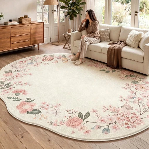 Irregular Shaped Plush Rug For Living Room With Flower Pattern