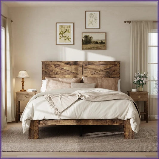 King Size Bed Frame with Barn Door Headboard, Wooden Platform, Metal Slats, Easy Assembly, Rustic Brown