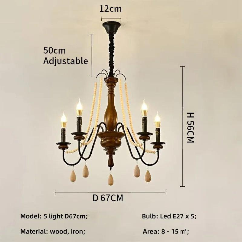 SaloEElaitte American Retro Wood Candle E27 Chandelier Pendant Light