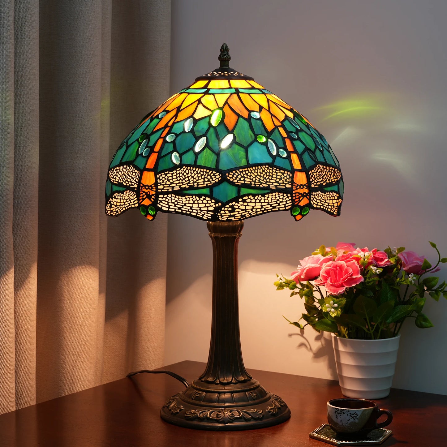 Dragonfly Stained Glass Table Lamp Retro Desk Reading Light Decor