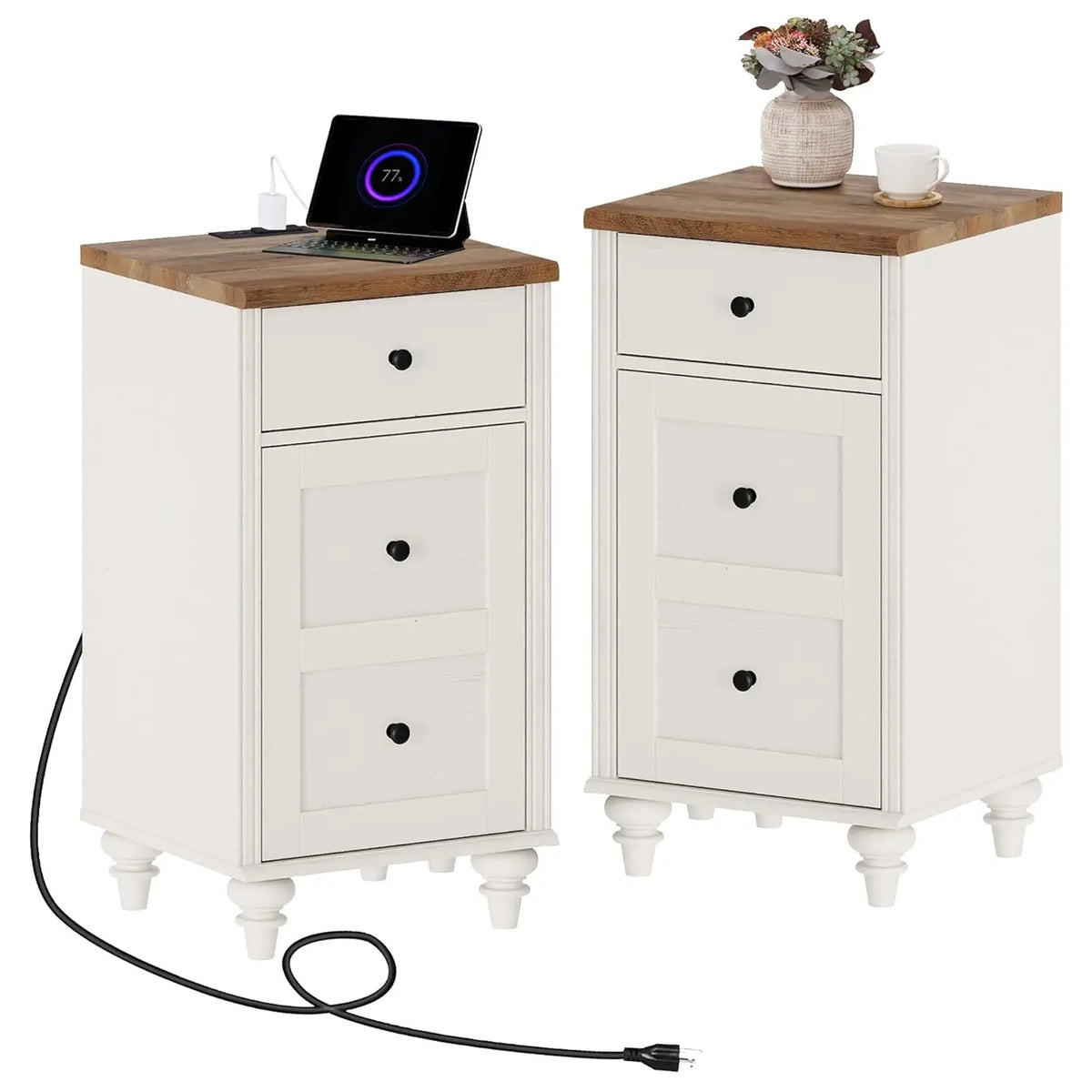 Nightstands With Charging Station, Set Of 2 Modern End Table, Oak | Bedside Table With Power Outlets & USB Ports, Customized