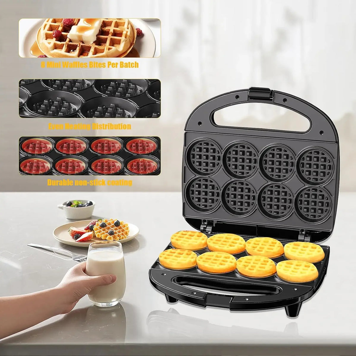 Home portable mini waffle maker, capable of making 8 mini waffles, small waffle baking tray
