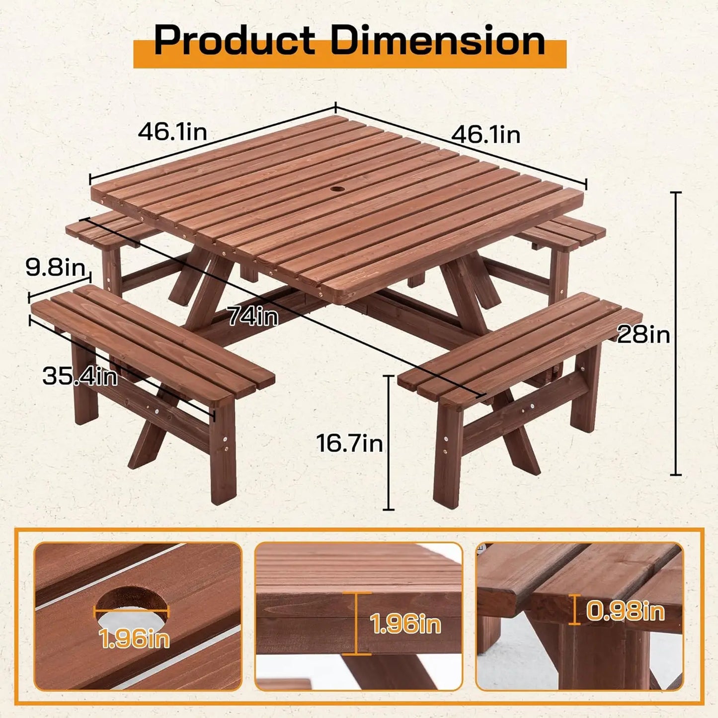 Wood Picnic Table Bench Set for 4-8 Person, Square Lifetime Picnic Tables for Outdoor with Umbrella Hole and Benches, Outside Di