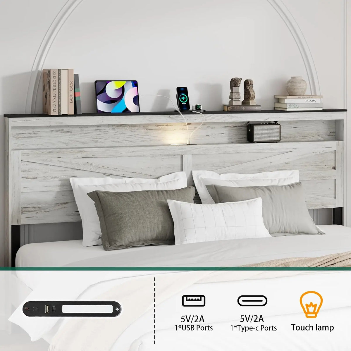 Rustic Wood King Bed Frame with LED Lights & Charging Station, Easy Assembly No Box Spring Needed, Customized