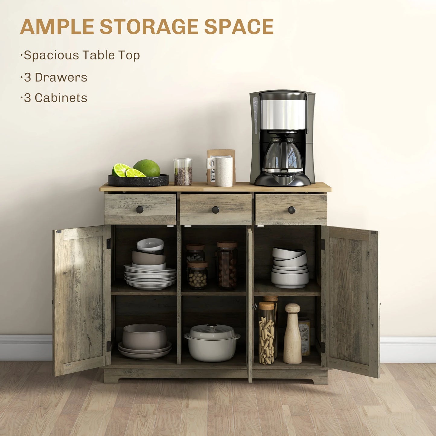 Homcom Sideboard Buffet Cabinet with Solid Wood Countertop, Modern Kitchen Storage Cabinet, Coffee Bar Cabinet with 3 Drawers, Doors and Adjustable Shelf, Distressed Gray
