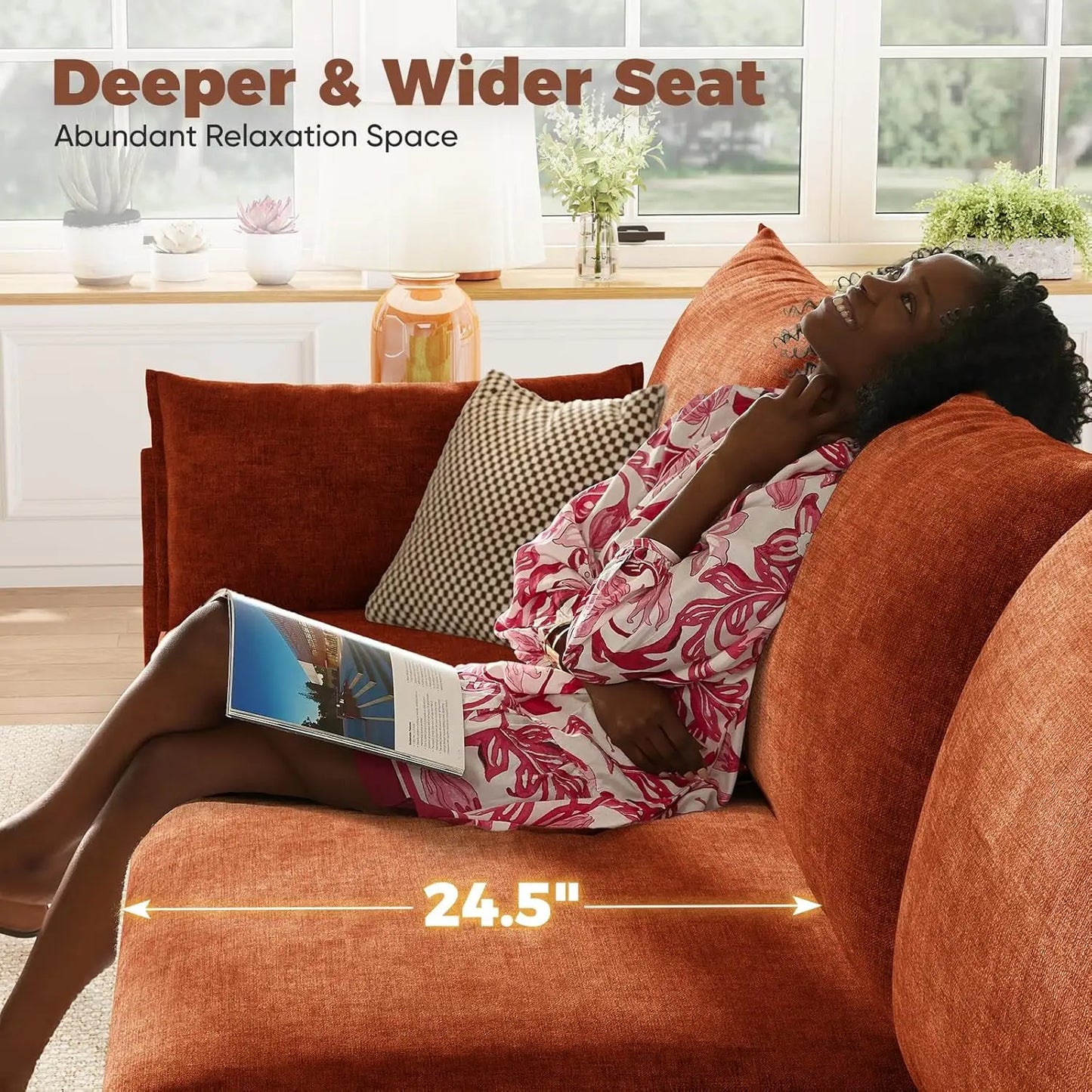 Oversized Loveseat Sofa, Modern Modular Sectional Couch Terracotta Orange Fluffy Chenille Mid Century 2-Seat 24.5" Deep Seat for