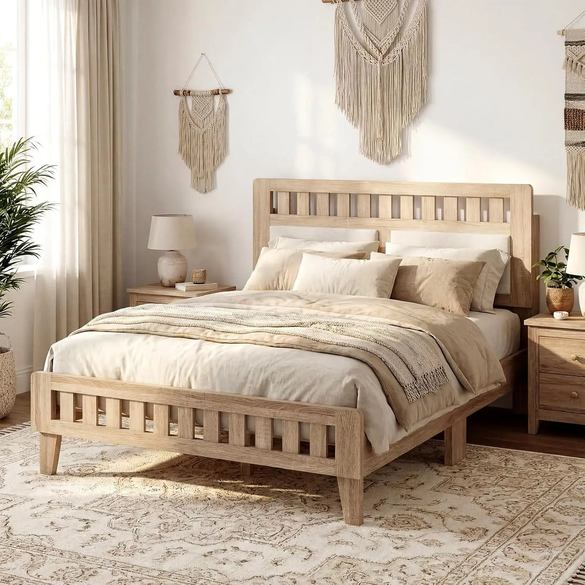 Wood Full Size Bed Frame Upholstered Headboard Platform Slat Support Storage No Box Spring Oak, Customized