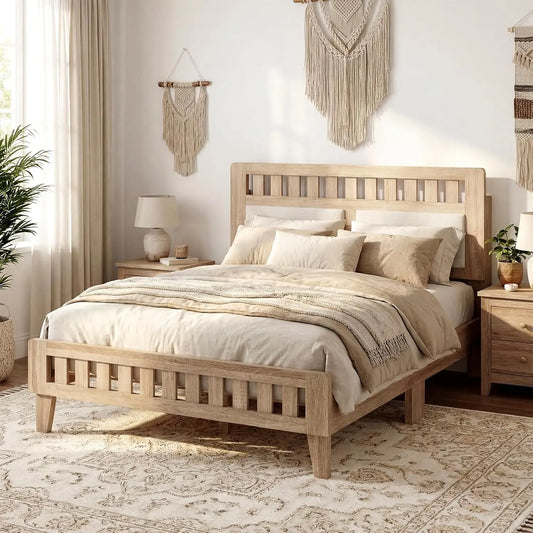 Wood Full Size Bed Frame Upholstered Headboard Platform Slat Support Storage No Box Spring Oak, Customized
