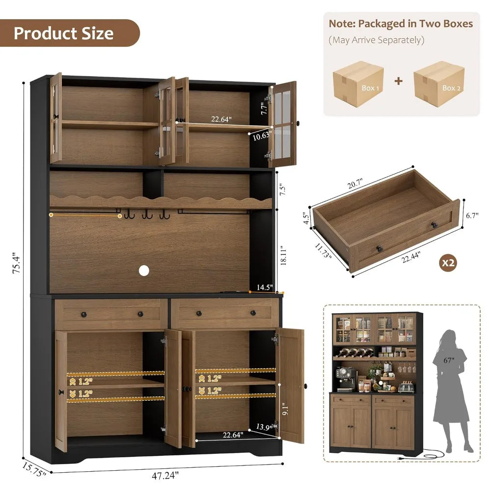 75.4" Tall Kitchen Pantry Cabinet with Charging Station, Modern White Kitchen Hutch with Microwave Stand and Wine, Customized